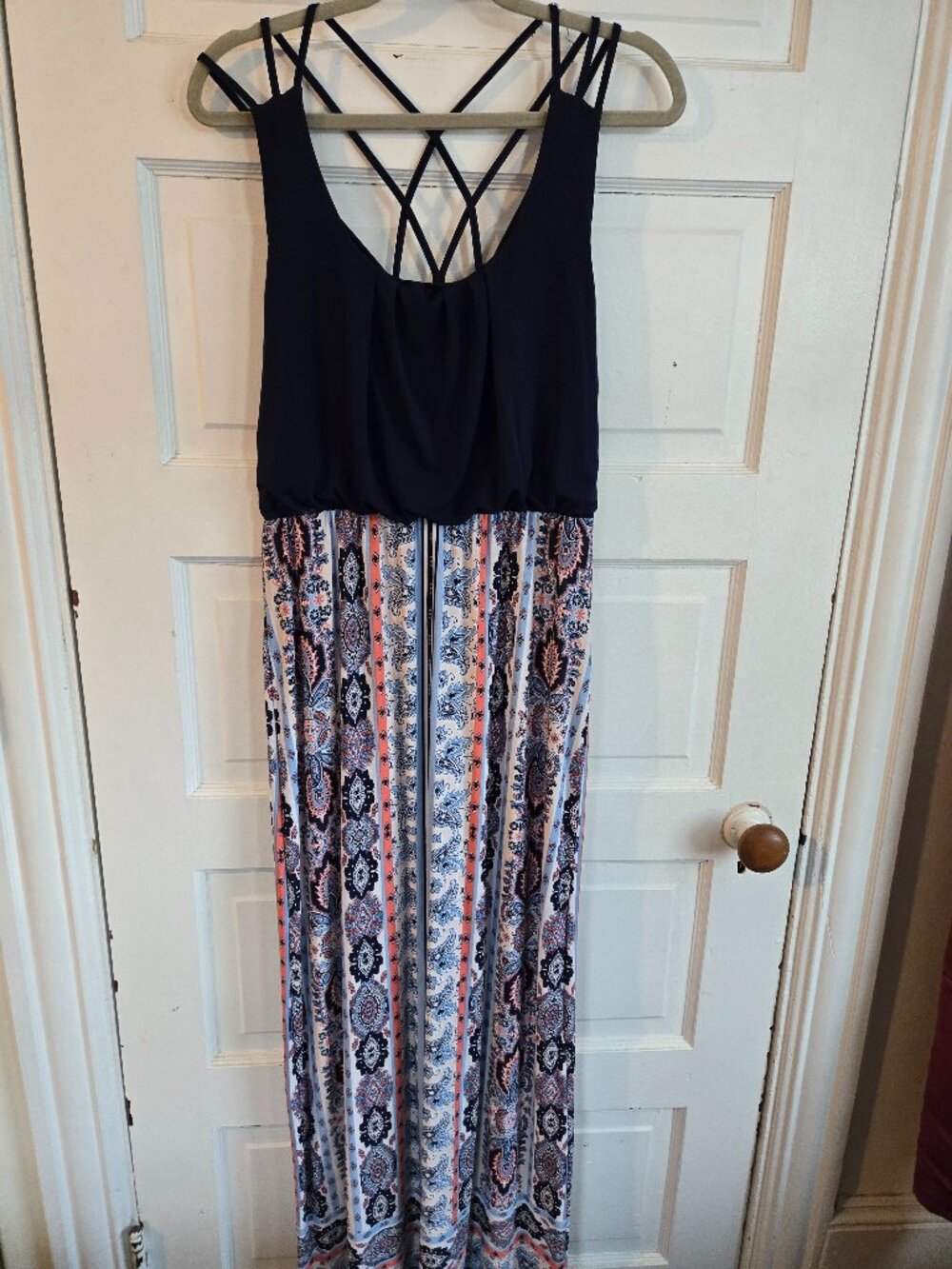 Three Pink Hearts Trixxi Navy & Coral Strappy Back Maxi Dress - Size L
